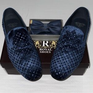 Royal Shoes LF-8897 Royal Blue Studded Velvet Loafers Size 10 Formal & Bow Tie